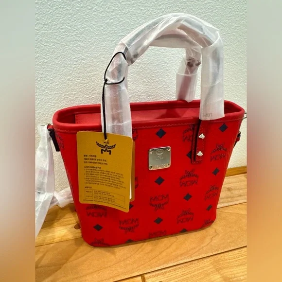 MCM Red Logo Tote with Black Monogram Accents - Picture 6 of 9